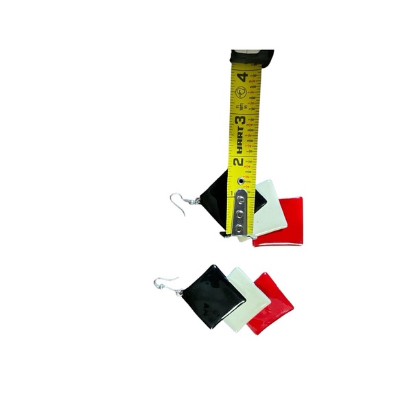 Retro Black Cream Red Enamel Silver Toned Metal Shepherds Hook Dangle Earrings - Picture 11 of 12